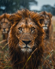 Close-up of a male lion and two other lions in the background, standing in the rain in a grassy field.