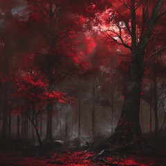 Fototapeta premium Red Autumn Forest Scene with Vivid Leaves and Fallen Petals