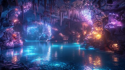 Obraz premium Vivid Underwater Cave Illuminated by Bioluminescent Creatures