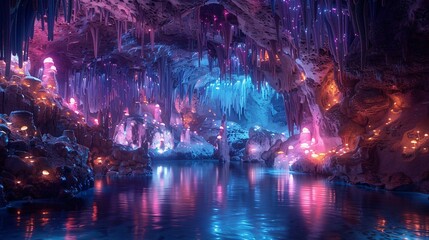 Enchanted Underwater Cavern: A Spectacular Display of Glowing Lights and Stalactites