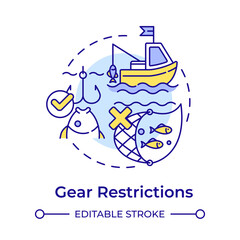 Gear restrictions multi color concept icon. Fishing equipment, bottom trawls. Round shape line illustration. Abstract idea. Graphic design. Easy to use in infographic, presentation