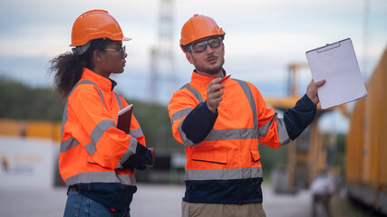 Engineers railway survey wearing safety uniform under conversation document and tablet on hand...