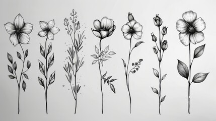 The art of nature set includes wild flowers, leafy leaves, and herbs, all drawn in modern format