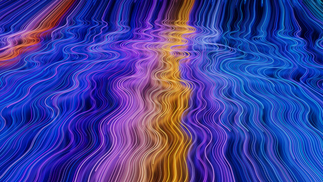 Blue, Turquoise and Orange Colored Curves form Abstract Neon Lights Background. 3D Render.