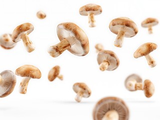 Fototapeta premium Flying delicious champignon mushrooms against a white background