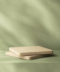 Brown wood plank podium on counter, soft beautiful dappled sunlight, leaf shadow on green wall for luxury organic cosmetic, skincare, beauty treatment product background 3D