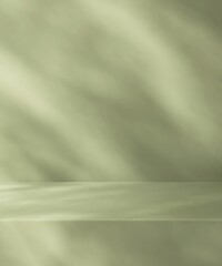 Obraz premium Blank green countertop podium counter, soft beautiful dappled sunlight, leaf shadow on wall for luxury organic cosmetic, skincare, beauty treatment product background 3D