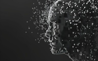 Obraz premium 3D pixelated particles of a digital head made from black and white squares.