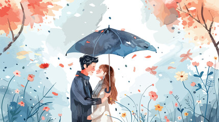 Watercolor happy couple with flower and umbrella vector