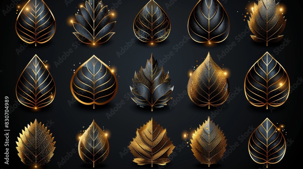 Wall mural a modern set with art deco gold leaves ornaments, a luxury flower design, nature line texture, leaf  - Wall murals