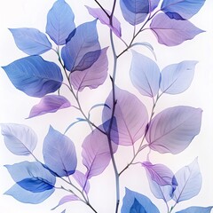 Vibrant Botanical Art Print: Purple Leaf Transparency Overlay of Blue Leaves on White Background