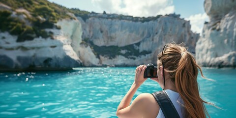 Obraz premium A photo capturing a traveler with a camera, taking pictures of stunning white cliffs from a boat, emphasizing adventure, exploration, and the beauty of natural landscapes.