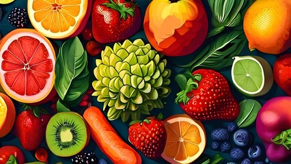 top view illustration of assorted vibrant fruit and vegetable composition