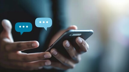 A hand holding phone with two speech text bubbles
