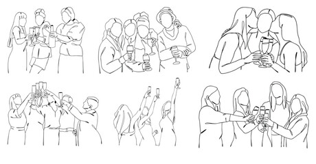 One line drawing of people cheering glasses of wine, line art, celebearting, clinking glasses
