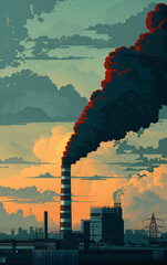 Digital artwork of a coal-fired power plant with billowing smoke darkening the sky, symbolizing industrial pollution and environmental concerns