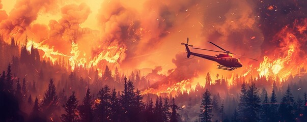 Helicopter fighting forest fire in nature. The burning flames are engulfing the trees.