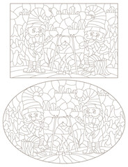 Set of contour illustrations in the style of stained glass with cartoon gnomes, dark outlines on a white background