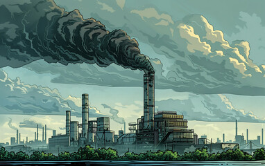 Digital artwork of a coal-fired power plant with billowing smoke darkening the sky, symbolizing industrial pollution and environmental concerns