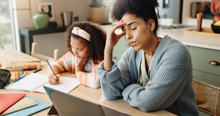 Mother, laptop and frustrated for education, learning and headache for future or knowledge. Girl, student and kitchen for stress, anxiety or support for home school or development with assessment