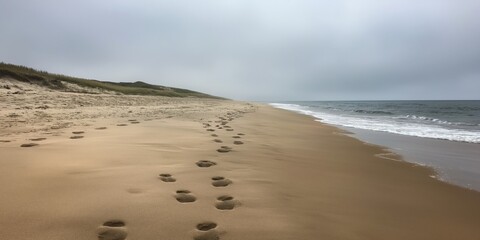 A stretch of deserted beach under cloudy skies with footprints marking a solitary journey along the shoreline, offering a serene and introspective atmosphere.