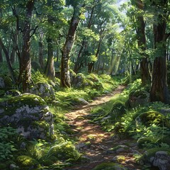 Fototapeta premium Fantasy Forest Path: A Sunlit Encounter with Nature