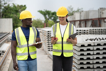 Portrait African engineer man use clipboard and Hispanic latin engineer woman use tablet computer...