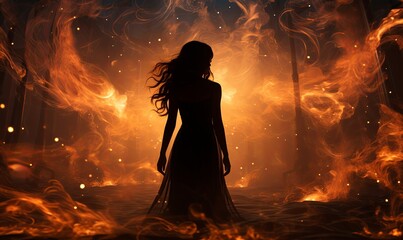 Woman Standing in Front of Fire-Filled Forest