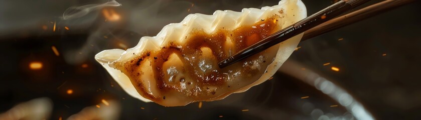 A single gyoza with chopsticks lifting it, showcasing the dumpling's texture and sheen