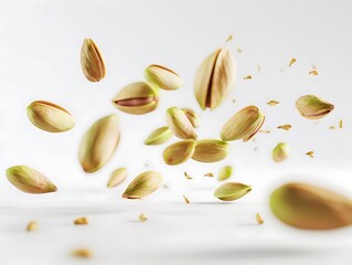 Flying delicious pistachios against a white background