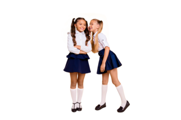 Full length, legs, body, size portrait of adorable, good-looking small girl isolated on bright yellow background bent to tell the secret of her friend
