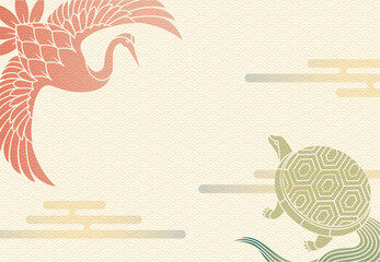 鶴と亀と和雲の背景イラスト素材 ベクター 敬老の日 縁起物 長寿 年賀