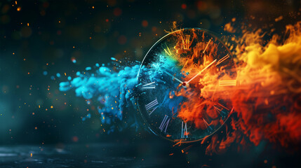 Pressure of Time Concept: Wall Clock with Smoke and Fire Effect, Symbolizing the Deadline, Dissolving Time in a Business Context.