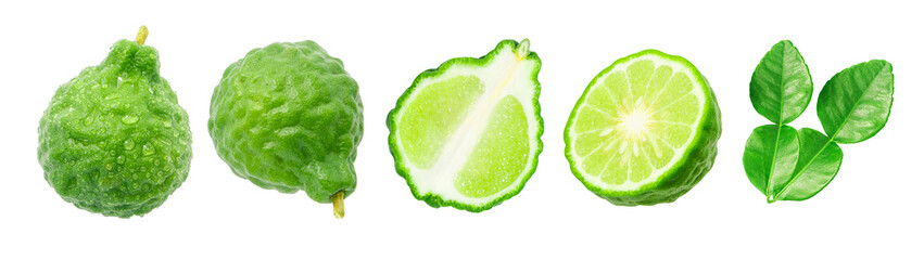 Fresh bergamot with slices and leaves collection isolated on white background.