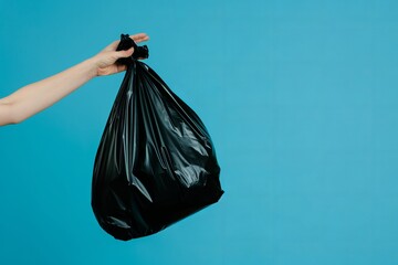 Closeup woman hand throwing away black polyethylene garbage bag on isolated blue background with space for copy -