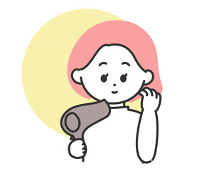 ドライヤーをかけるボブヘアの女性のイラスト