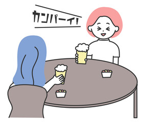 カンパイの発声とともに乾杯をする2人の女性のイラスト