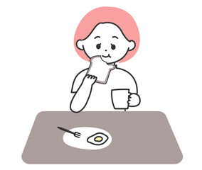 コーヒーを片手に食パンを食べる女性のイラスト