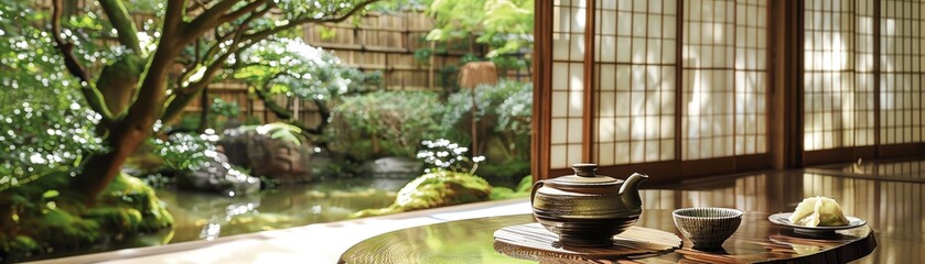 Japanese tea ceremony with teapot and teacups on a table by a window with a garden view.