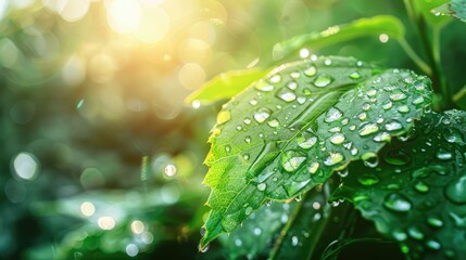 A beautiful fresh green leaf covered with raindrops and highlighted by the sun. The plant has a beautiful expressive structure.AI GENERATION