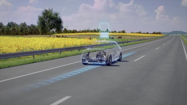 Generic autonomous electric car charges while driving along highway through countryside. Graphic effects reveal the chassis with the charging battery inside. Wireless electric charging road concept