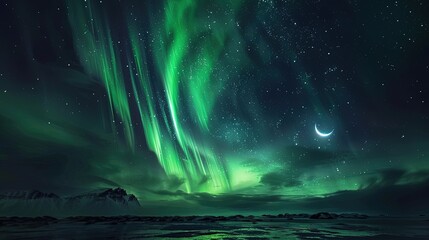 Fototapeta premium Beautiful starry sky, aurora, snow capped mountains and land background illustration, dreamy galaxy, night sky abstract poster webpage design 