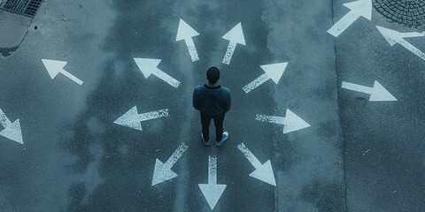 A person stands in the middle of a road surrounded by numerous white arrow signs pointing in different directions, representing choices, decisions, and life paths.