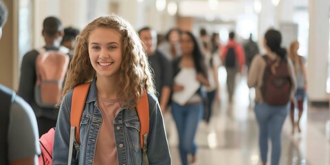 Fototapeta premium A smiling student with a backpack walks through a bustling school hallway, symbolizing education, youth, and the vibrant energy of a typical school environment.