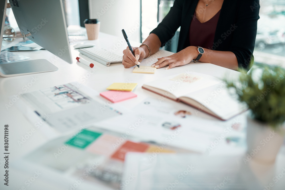 Poster document, notes and hands of person with market research, report and review of info on desk. office,