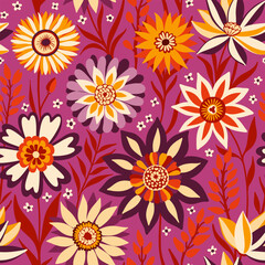 Floral Seamless Random Pattern with Fantasy Flowers in Bohemian style in Magenta, Yellow, White, Purple, Orange, Red Colors, Great for Textiles, Surfaces, Wallpapers, Wrapping Papers, Fabrics, Prints.