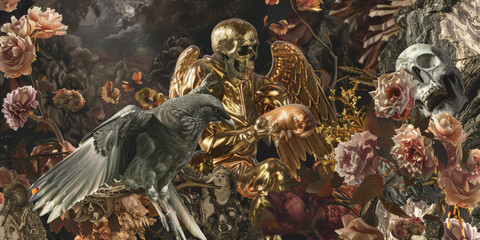 Surreal Golden Skeleton with Bird and Floral Arrangement in Dark Fantasy Setting