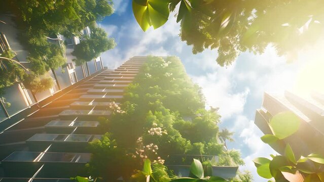 Low angle realistic eco electric modern city future skyscraper, Green building with tree and flower	