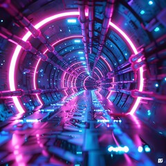 Neon-lit Tunnel of a Futuristic Train Station