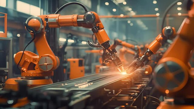 Industrial robot arms at modern factory. Modern hi-tech facility with automated line. Smart factory industrial, Industry 4.0 concept	